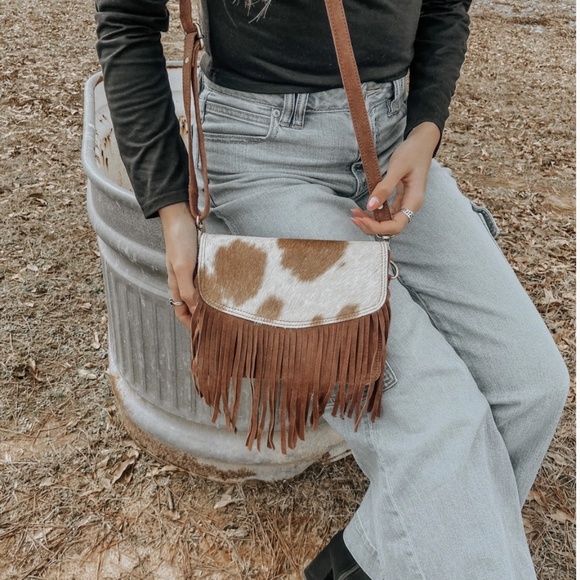 Cowhide and Suede Fringe Western Purse, Crossbody - Picture 1 of 4